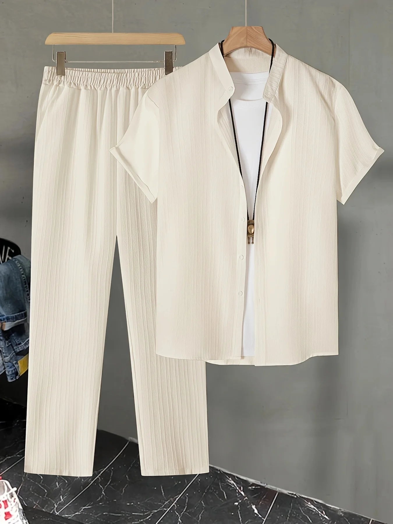 Windsor Lounge Set – Textured Shirt & Drawstring Shorts